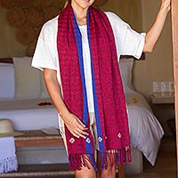 Cotton shawl, 'Cherry Sapphire' - Modern Maya Handwoven Blue Tim Red Cotton Shawl