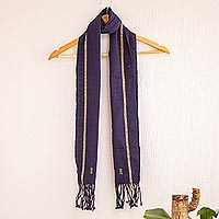 Cotton scarf, 'Ancient Continuity' - Dark Blue Fringed Cotton Scarf