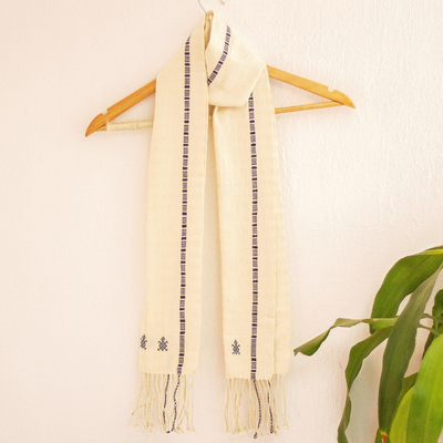 Cotton scarf, 'Ancient Integrity' - Ivory and Blue Hand Loomed Cotton Scarf