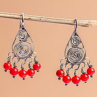 Sterling silver filigree chandelier earrings, 'Regal Tradition' - Red Crystal and Sterling Silver Filigree Earrings