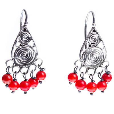 Red Crystal and Sterling Silver Filigree Earrings
