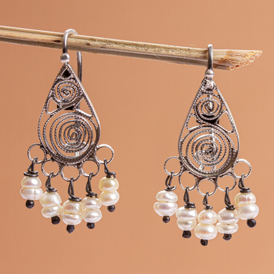Cultured pearl filigree chandelier earrings, 'Regal Tradition' - Oxidized Sterling Silver and Cultured Pearl Earrings