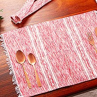 Cotton placemats, 'Inspiration in Red' (set of 4) - Red and White Hand Loomed Placemats (Set of 4)