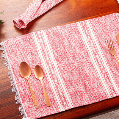 Cotton placemats, 'Inspiration in Red' (set of 4) - Red and White Hand Loomed Placemats (Set of 4)