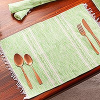 Hand Woven Cotton Placemats in Green and White (Set of 4),'Inspiration in Kiwi'