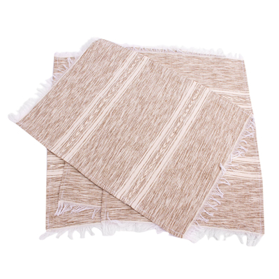 Cotton placemats, 'Inspiration in Mushroom' (set of 4) - Fringed Light Brown and White Placemats (Set of 4)