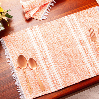 Cotton placemats, 'Inspiration in Tangerine' (set of 4) - Hand Crafted Orange and White Placemats (Set of 4)