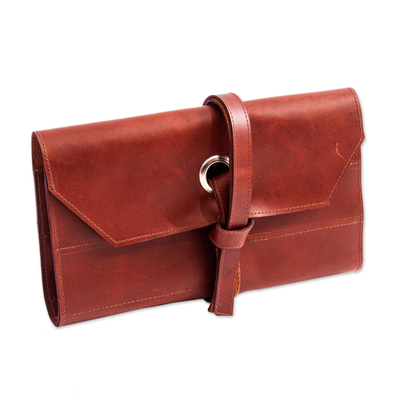 Leather tool roll bag, 'Ready for Work' - Artisan Crafted Chestnut Brown Leather Small Tool Roll Bag
