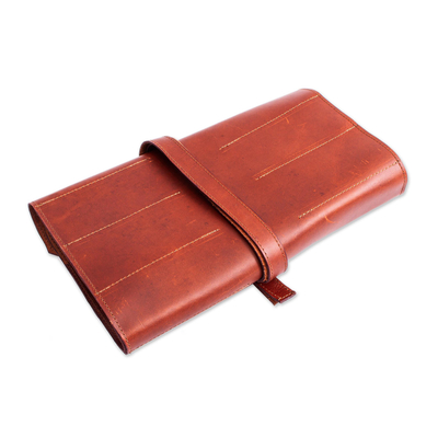 Leather tool roll bag, 'Ready for Work' - Artisan Crafted Chestnut Brown Leather Small Tool Roll Bag