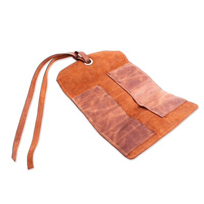 Leather tool roll bag, 'Ready for the Job' - Artisan Crafted Tobacco Brown Leather Small Tool Roll Bag