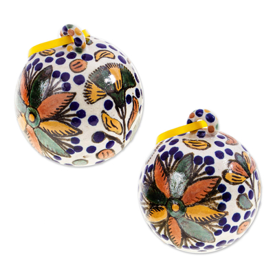 Ceramic ornaments, 'Talavera Tradition' (pair) - Hand Painted Talavera-Style Floral Ornaments (Pair)