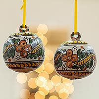Ceramic ornaments, 'Talavera Garland' (pair) - Talavera-Style Multicolored Ceramic Ornaments (Pair)