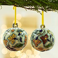 Ceramic ornaments, 'Talavera Joy' (pair) - Hand Crafted Ceramic Talavera-Style Ornaments (Pair)
