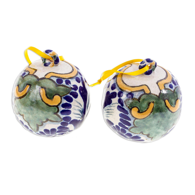 Ceramic ornaments, 'Festive Talavera' (pair) - Talavera-Style Ceramic Christmas Ornaments (Pair)