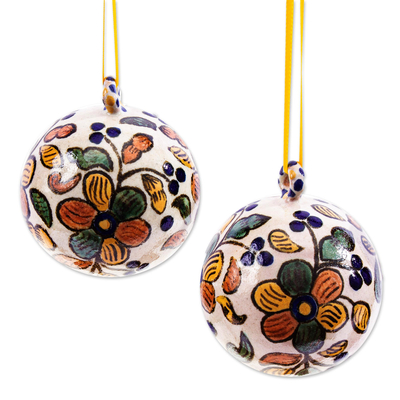 Ceramic ornaments, 'Christmas in Puebla' (pair) - Floral Handmade Ceramic Ornaments (Pair)