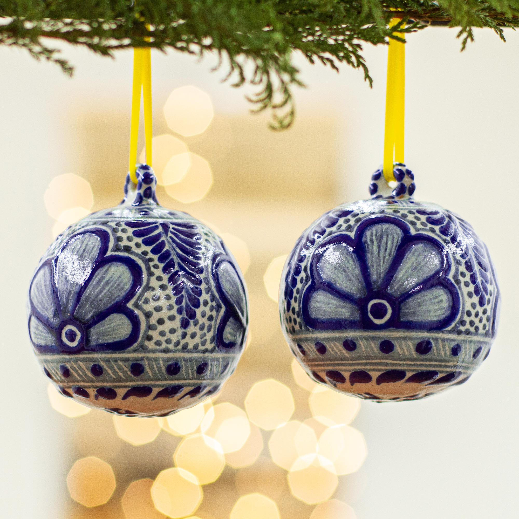 Table Decoration or a Wreath 11 Blown Glass Hand Painted Blue Mexican Talavera Like Christmas Ornament Balls/ Made by marginalized Communities/ Useful for a Christmas Tree 