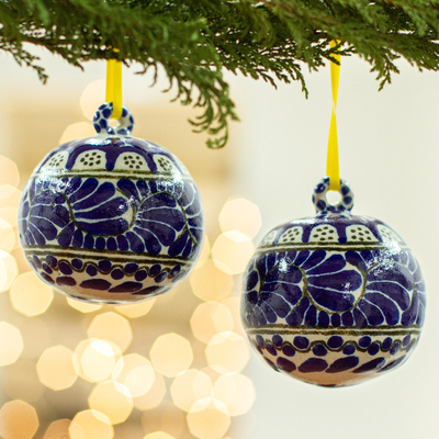 Ceramic ornaments, 'Cobalt Christmas' (pair) - Hand Painted Blue and White Ceramic Ornaments (Pair)