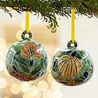 Ceramic ornaments, 'Holiday Garden' (pair) - Multicolored Talavera-Style Ornaments (Pair)