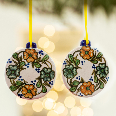 Ceramic ornaments, 'Talavera Tidings' (pair) - Hand Painted Floral Ceramic Ornaments (Pair)