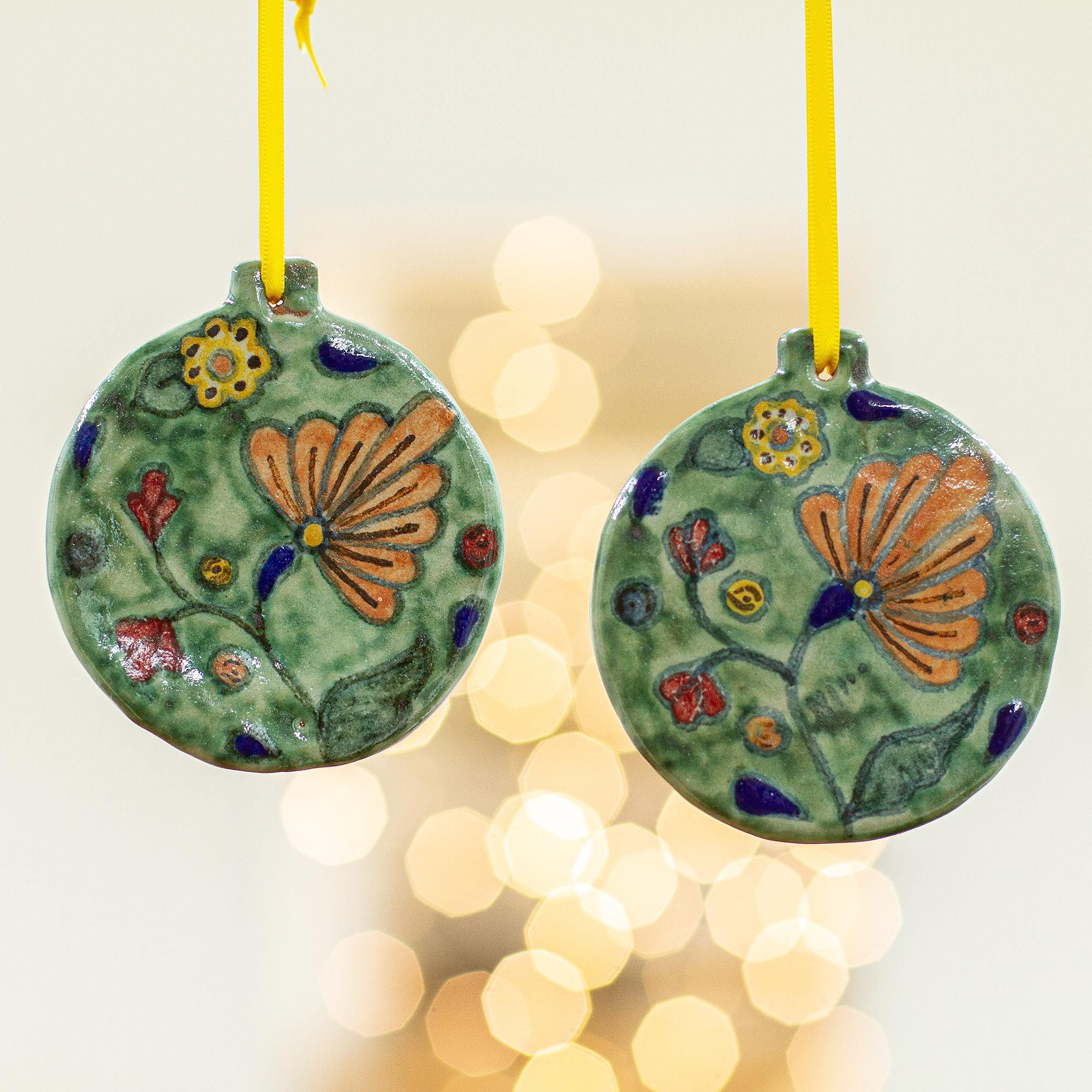 Hand Crafted Ceramic Floral Ornaments (Pair) Garden Holiday NOVICA