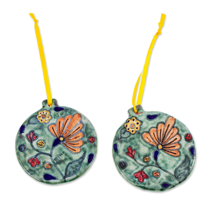 Ceramic ornaments, 'Garden Holiday' (pair) - Hand Crafted Ceramic Floral Ornaments (Pair)