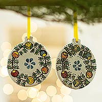 Ceramic ornaments, 'Holiday in Puebla' (pair) - Talavera-Style Ceramic Floral Ornaments (Pair)