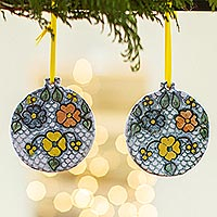 Ceramic ornaments, 'Flower Cheer' (pair) - Talavera-Style Ceramic Ornaments (Pair)