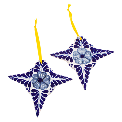 Ceramic ornaments, 'Cobalt Piñatas' (pair) - Handmade Talavera Style Cobalt Ornaments (Pair)