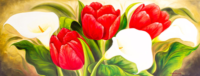 'Red Tulips with Calla Lilies' - Signed Realistic Oil Painting of Red Tulips and Lilies