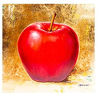 'Una manzana' - Pintura al óleo realista firmada de una manzana roja