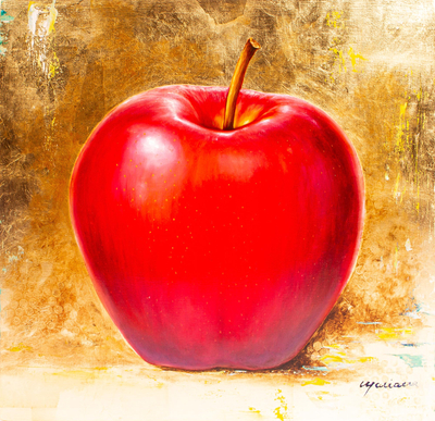 'Ein Apfel' - Signiertes realistisches Ölgemälde eines roten Apfels