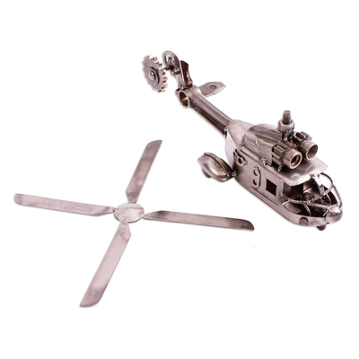 Recycled auto parts sculpture, 'Rustic Twin-Engine Helicopter' - Handmade Recycled Metal Helicopter Sculpture