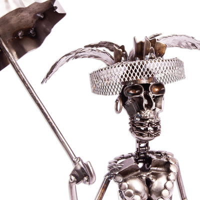 Recycled auto parts sculpture, 'Rustic Catrina I' - Handcrafted Scrap Metal Catrina Statuette