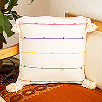Cotton cushion cover, 'Primary Paths' - Oaxaca Handwoven White Striped Cotton Cushion Cover