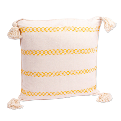 Cotton cushion cover, 'Yellow Brocade Bands' - Handwoven White Cotton Cushion Cover with Yellow Brocade
