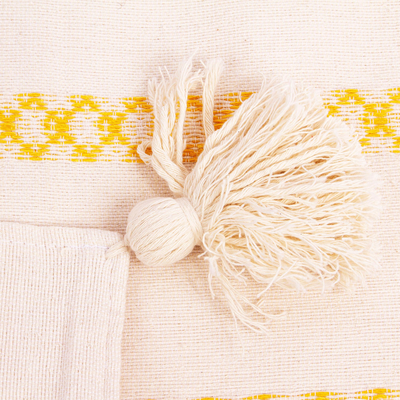 Cotton cushion cover, 'Yellow Brocade Bands' - Handwoven White Cotton Cushion Cover with Yellow Brocade