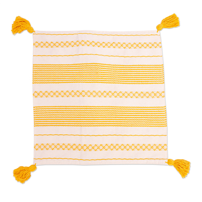 Cotton cushion cover, 'Millenary Marigold' - White and Yellow Hand Loomed Cushion Cover