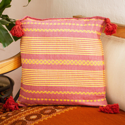 Cotton cushion cover, 'Sunny Strawberry' - Hand Woven Red and Yellow Cushion Cover