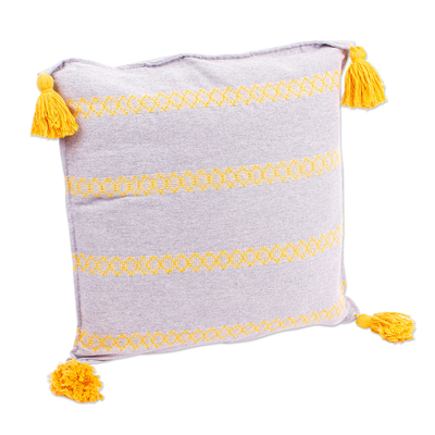 Cotton cushion cover, 'Grey and Yellow Brocade Bands' - Handwoven Grey Cotton Cushion Cover with Yellow Brocade