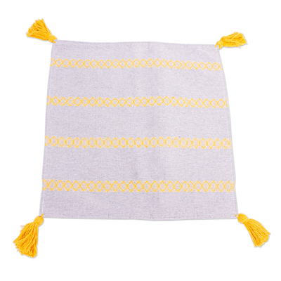Cotton cushion cover, 'Grey and Yellow Brocade Bands' - Handwoven Grey Cotton Cushion Cover with Yellow Brocade