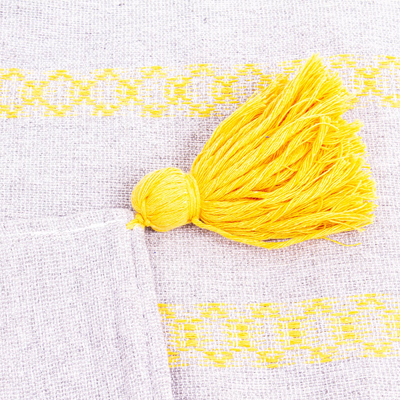 Funda de cojín de algodón, 'Bandas Brocadas Grises y Amarillas' - Funda de tejido cojín a mano de algodón gris con brocado amarillo