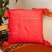 Cotton cushion cover, 'White Bar' - Handwoven Bright Red Cotton Cushion Cover