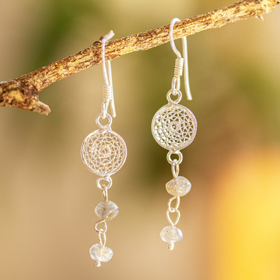 Labradorite dangle earrings, 'Solar Circle' - Sterling Silver Filigree and Labradorite Dangle Earrings