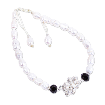 Cultured Pearl and Sterling Silver Filigree Flower Bracelet