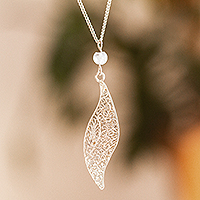 Sterling silver filigree pendant necklace, 'Moon Leaf' - Mexican Sterling Silver Filigree Pendant Necklace