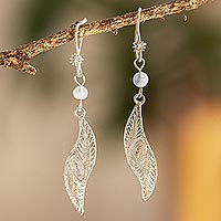 Moonstone filigree dangle earrings, 'Moon Leaf'
