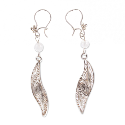 Moonstone filigree dangle earrings, 'Moon Leaf' - Mexican Sterling Silver Filigree Dangle Earrings