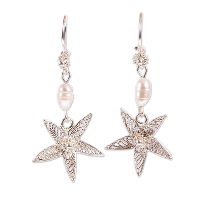 Cultured pearl filigree dangle earrings, 'Jasmine Stars' - Sterling Silver Filigree and Cultured Pearl Dangle Earrings
