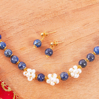 Lapis lazuli and cultured pearl jewelry set, Rio