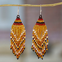 Glass beaded waterfall earrings, 'Golden Brown Luxury' - Huichol Golden Brown Beadwork Waterfall Earrings